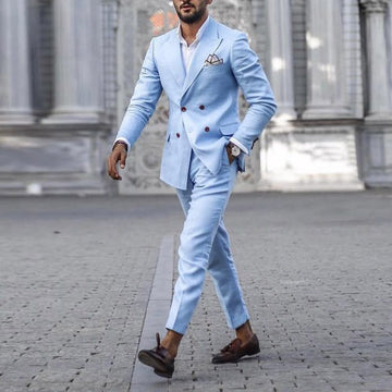 Aidase Pants Plain Men's Suit Blazer And Pants Blue Solid Double-Breasted OL Office Casual Wear Fashion Male Blazer Clothing aidase-shop